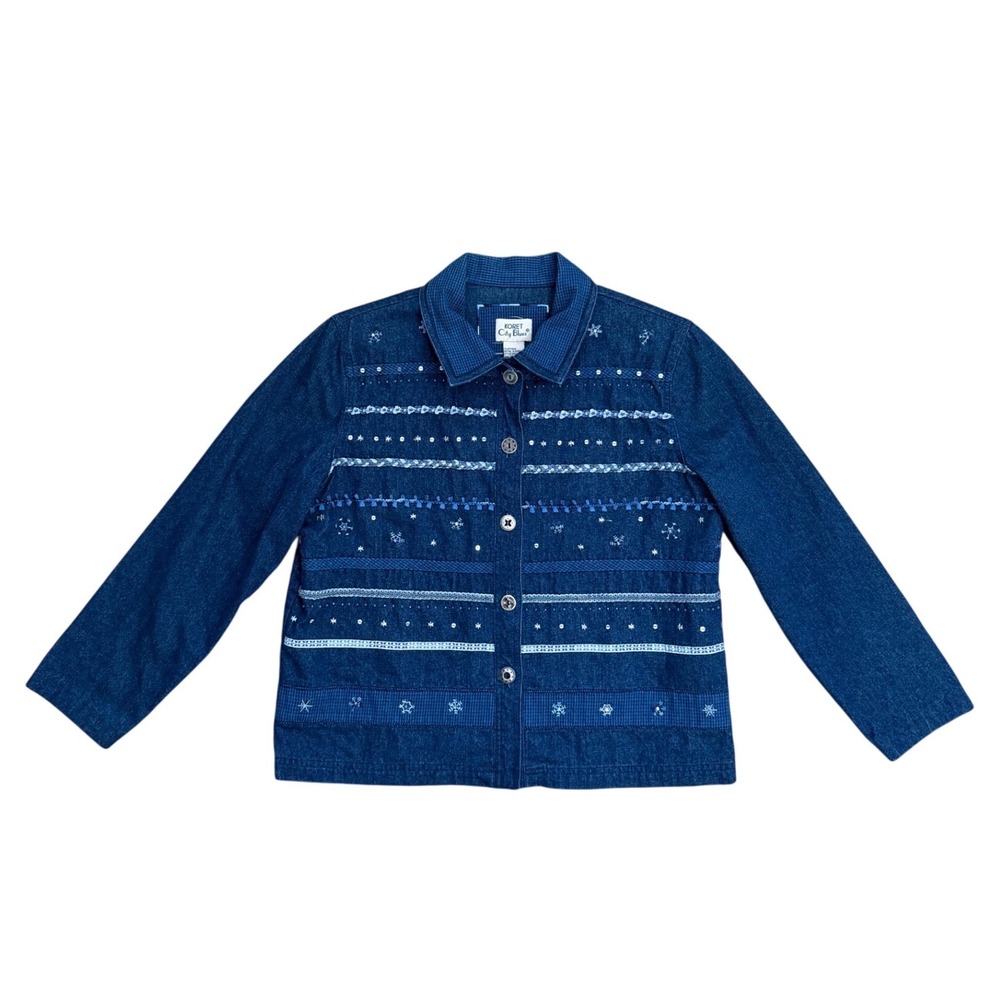 Vintage Denim Jacket Medium Snowflake Embroidered Blue Shacket Preppy
